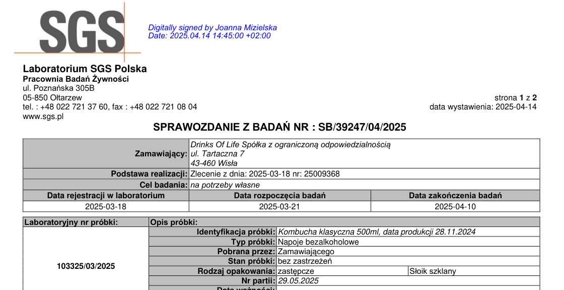 Fragment sprawozdania z badań SGS – Kombucha klasyczna 500 ml